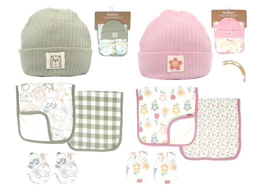 SET GORRO+ MANOPLAS+ 2 PAÑOS P/BEBE A-77317